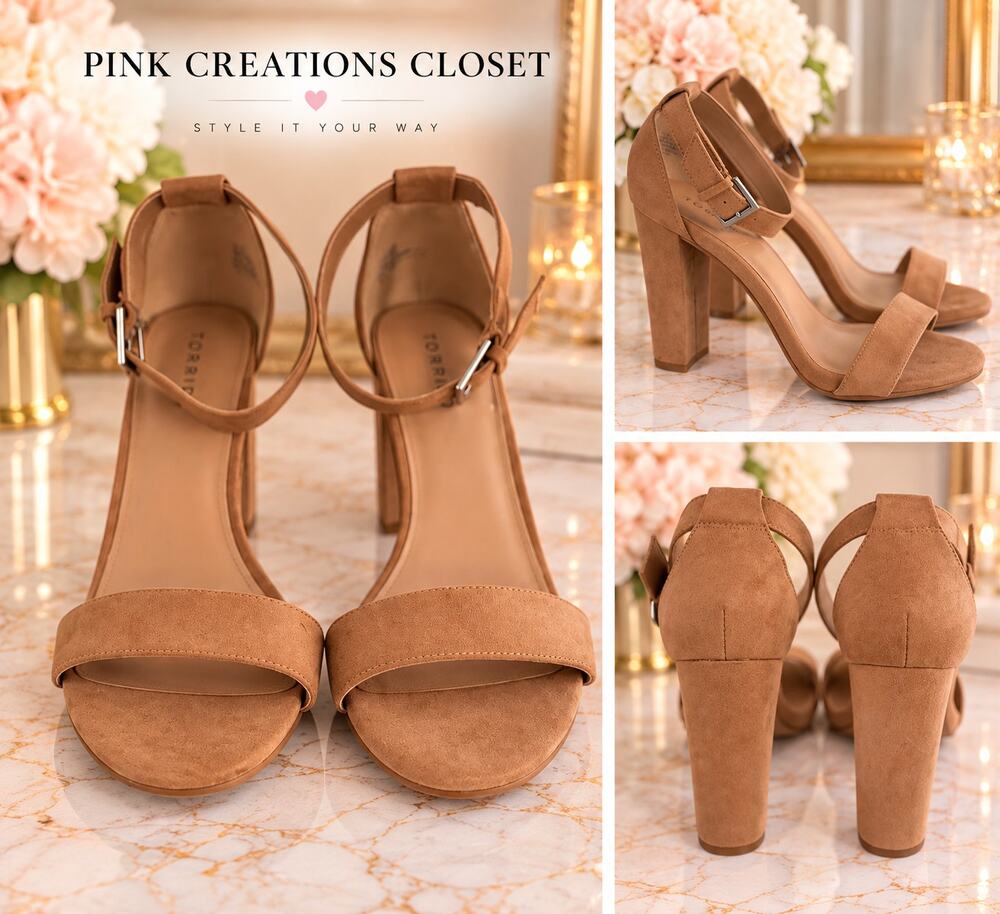 Torrid Women's Camel Suede-Look Ankle Strap Block Heel Sandals Size 9.5